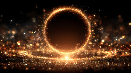 Wall Mural - Gold sparkling light circle with shimmering particles with glare flare effect. Christmas and New Year background, abstract golden glittery confetti ring frame with magic glowing shimmer sparkle trail