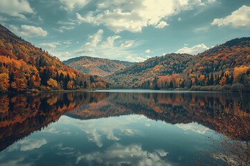  Tranquil lake mirroring colorful autumn forest hills in serene landscape.