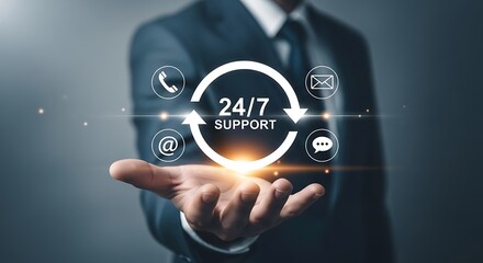 Businessman presenting a glowing circle with 247 support text and icons for communication, email, and chat