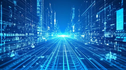 Futuristic blue data matrix simulation with digital grid lines and abstract hud screen overlays on artificial intelligence background motion