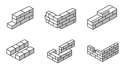 Isometric brick wall corner and straight segment arrangements illustration