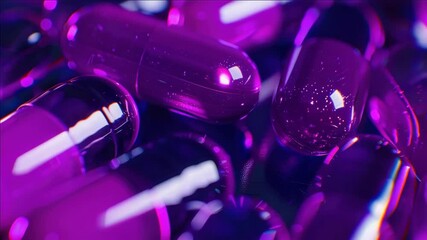 Wall Mural - A bunch of purple pills are shown in a close up. They are all the same size and shape