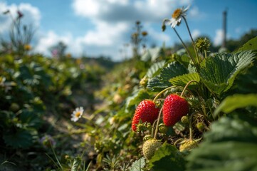 Wall Mural - Natural strawberry plantations and berries
