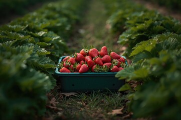 Wall Mural - Container filled with fresh strawberries nestled among green plants on an agricultural field. Natural strawberry harvest, berries prepared for delivery to markets.