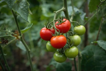 Wall Mural - Garden Cultivation of Red and Green Cherry Tomatoes