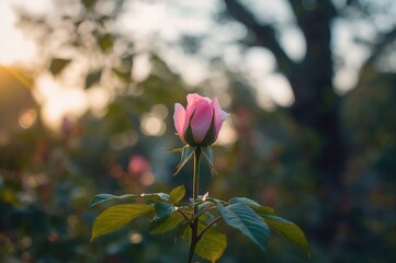 Wall Mural - Close-up of a pink rosebud set against a soft-focus green foliage backdrop in a garden setting