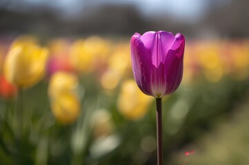 Wall Mural - Close-up of a vibrant purple tulip with softly blurred tulips behind it