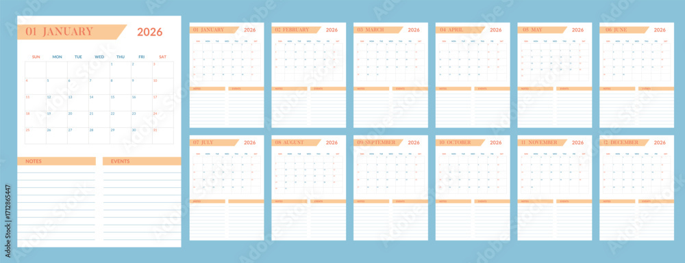 2026 year calendar vertical pages template. Week starts on Sunday Stock ...