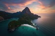 Dusk view from above of a mountainous terrain