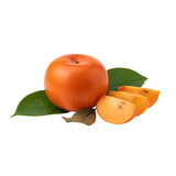 Fresh Persimmon Fruit: Ripe, Sliced, and Ready on white background