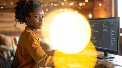 Black Female Software Engineer Coding at Home with Focus on Code on Two Monitors.