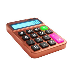 Copper calculator with a blue digital display and colorful buttons isolated on transparent background