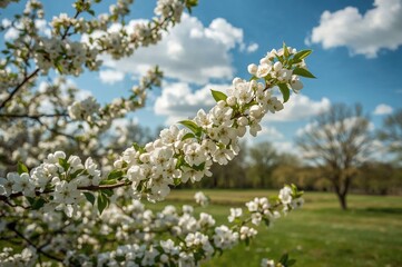 Wall Mural - Springtime apple tree flowers with blue sky and green grass background