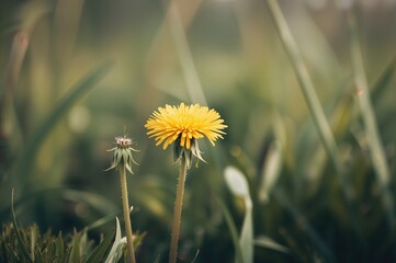 Wall Mural - Vivid Yellow Dandelion Amidst Lush Green Leaves