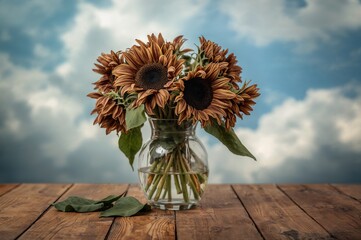 Wall Mural - Dried sunflowers arranged in a vase atop a wooden surface