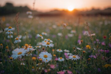 Wall Mural - Sunset over a meadow filled with wild daisies and other flowers