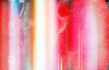 Wall Mural - Abstract digital illustration in glitch art style, featuring vertical bands of blue, yellow, and vibrant red with pixelated white dot patterns. The image has a colorful composition with gradients.