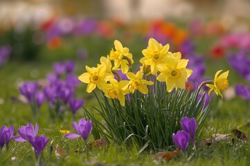 Wall Mural - Bright yellow daffodils blossoming up front, surrounded by vivid purple crocuses.