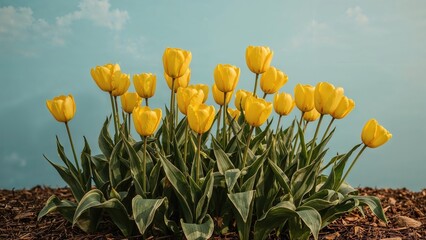 Wall Mural - Springtime Display of Yellow Tulips and Variegated Leaves in Garden