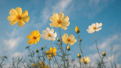 Wall Mural - Vivid yellow cosmos flower with a sky-blue backdrop