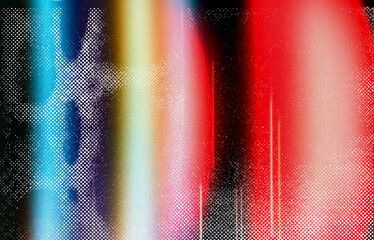 Wall Mural - Abstract digital illustration in glitch art style, featuring vertical bands of blue, yellow, and vibrant red with pixelated white dot patterns. The image has a colorful composition with gradients.