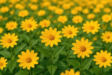 Wall Mural - Golden flower clusters with accompanying green leaves set on a yellow floral background