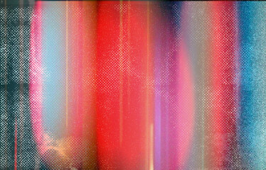 Wall Mural - Abstract digital illustration in glitch art style, featuring vertical bands of blue, yellow, and vibrant red with pixelated white dot patterns. The image has a colorful composition with gradients.