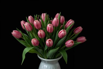Wall Mural - Elegant pink and green tulips arranged in a white container on a dark background with artistic lighting.