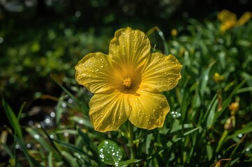 Wall Mural - Vibrant Yellow Allamanda Blossom Captured Up-Close in Natural Setting