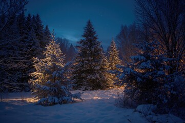 Wall Mural - Snowy forest at night during the holiday season with twinkling lights and fir trees.