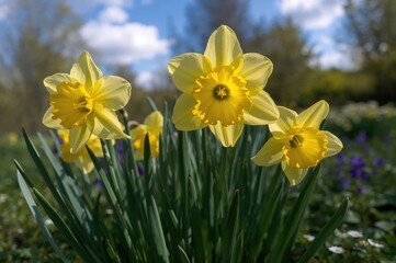 Wall Mural - Yellow Jonquilla and Apodanthus daffodils (Narcissus) Quail flowering in a garden during April