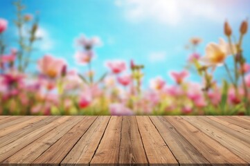 Wall Mural - vintage wooden flooring with a vibrant floral backdrop, abstract pattern and natural texture