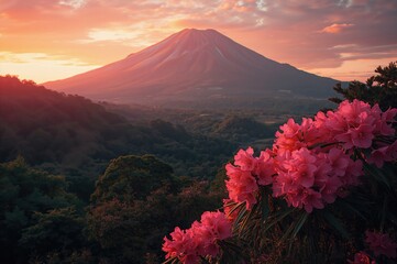 Wall Mural - A summer mountain adorned with enchanting pink rhododendrons in full bloom