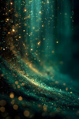 Wall Mural - Beautiful dark green Christmas background with shining, golden glitter and empty space. Particles, confetti. Copy space for your text. Merry Xmas, Happy New Year. Festive vertical backdrop.