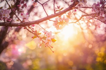 blooming tree with sunlight and soft focus nature backdrop