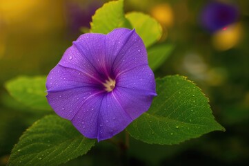 Wall Mural - vibrant violet thunbergia grandiflora blossom set on a lush green leaf background