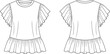 © Ideasy Mind - Technical fashion illustration of women’s ruffle sleeve peplum top with round neckline, layered short sleeves, fitted bodice, garment flat vector design