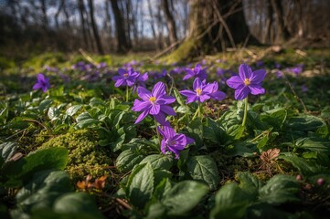 Wall Mural - purple spring blossoms in a lush green woodland setting