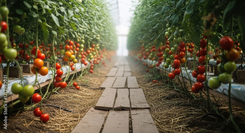 A greenhouse full of tomato plants with red and green tomatoes hanging ...