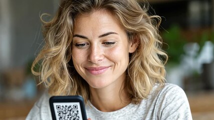 Woman engaging with qr code on smartphone in cozy indoor setting
