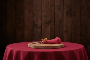 Wall Mural - Sepia-toned image featuring a fabric-covered surface and circular chopping board on a wooden backdrop