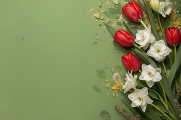 Wall Mural - Stunning arrangement of crimson tulips and ivory daffodils against a lush green backdrop. Floral design with space for text, perfect for celebrations like Women's Day, Mother's Day, or anniversaries.