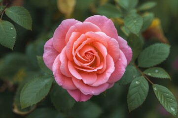 Wall Mural - Detailed view of a brightly colored rose blossoming amidst lush foliage