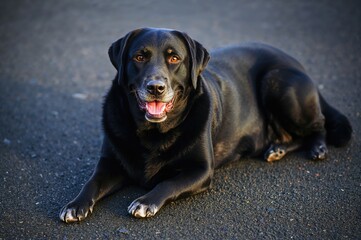 Wall Mural - senior black labrador resting on the pavement with a graying snout