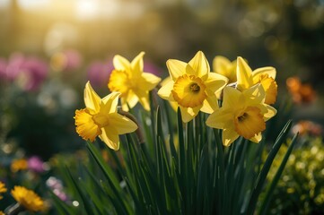 Wall Mural - Vibrant yellow daffodils blossoming in a lush garden setting. Close-up with selective focus.