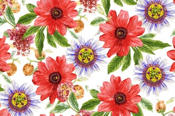 Wall Mural - Exotic passionflower and fruit design on a white backdrop. Vibrant tropical blooms, buds, and leaves in a continuous floral pattern. Summer-themed artwork ideal for fabric, textile, and gift wrap