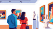 © meeblues - Flat style illustration of a couple visiting an art gallery, admiring paintings and sculptures, symbolizing culture, creativity, leisure, and appreciation for art in a modern museum setting