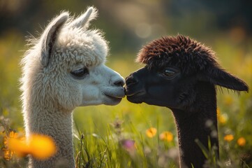 Wall Mural - a black alpaca alongside a white alpaca