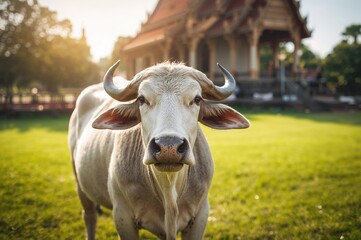 Wall Mural - water buffalo inside an ancient temple