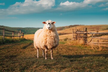 Wall Mural - A white sheep with a black facial mark is inside a fenced enclosure.